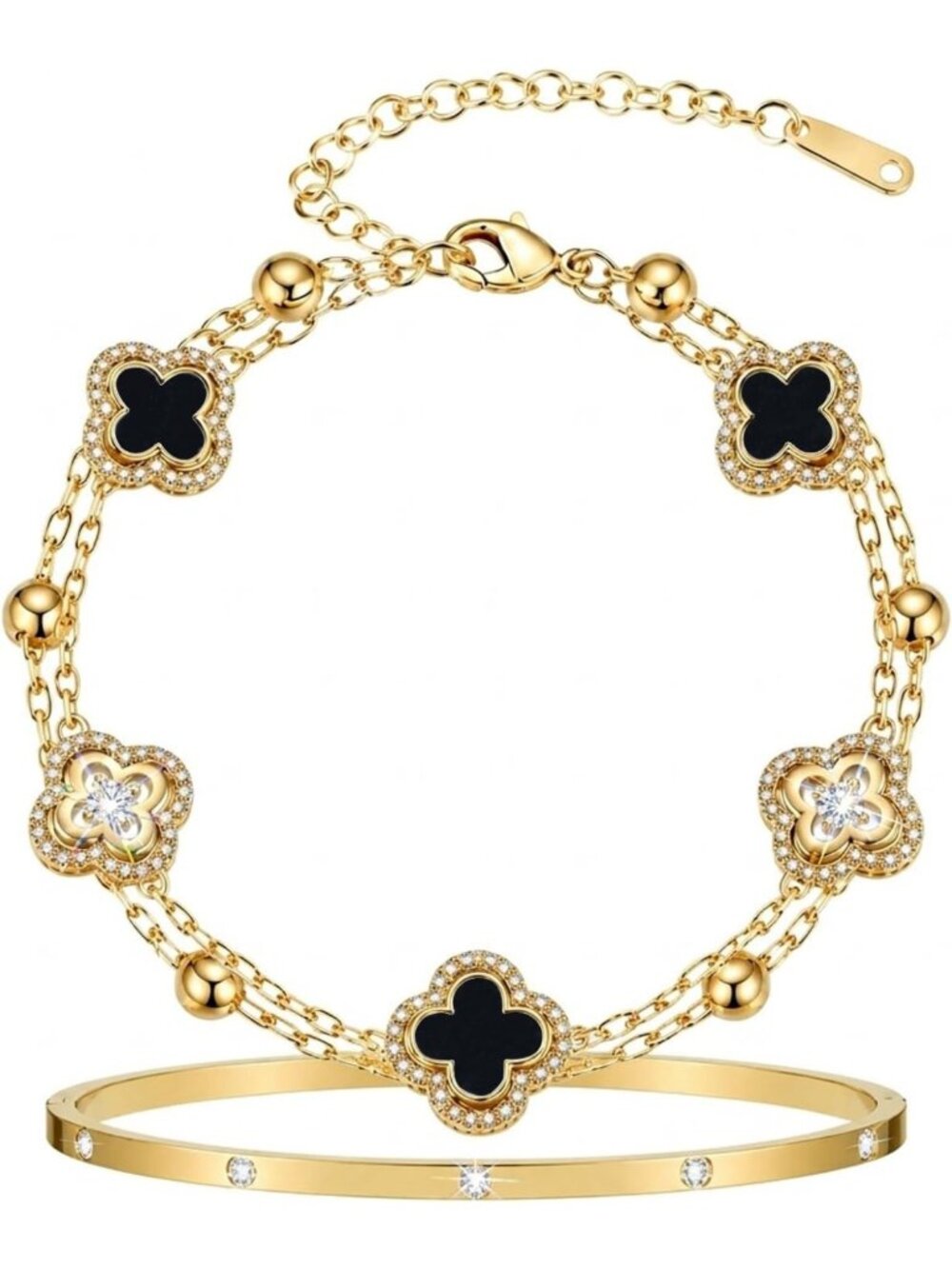 Elegant 14K Gold Plated Clover Bracelet Set for Women, Stackable CZ Jewelry